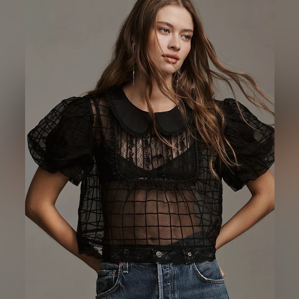 Anthropologie Black Sheer Grid Lace Peter Pan Collar Blouse